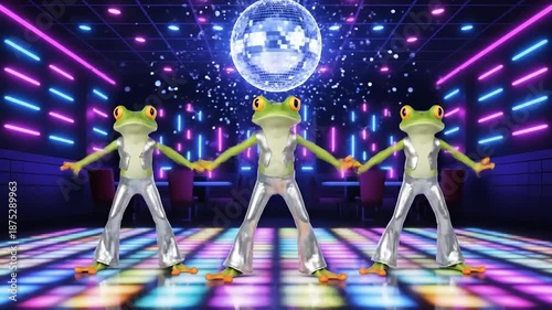 Three dancing frogs in silver outfits groove under a disco ball on a vibrant dance floor
