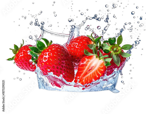 Vibrant red strawberries splash into crystal-clear water, creating a refreshing burst