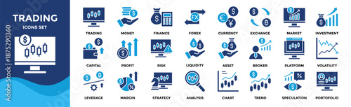 Trading icon collection. Containing finance, forex, investment, profit, risk, market analysis, assets, liquidity, and portfolio 