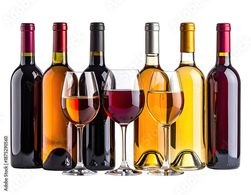 Various wine bottles with glasses on a solid black background, showcasing wine colors