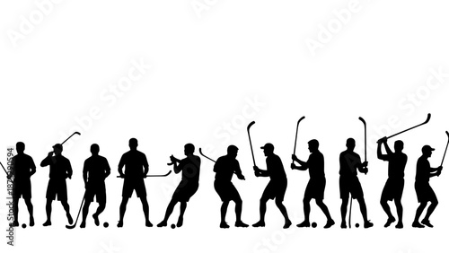 Silhouettes of multiple male athletes playing hockey or field hockey in various action poses against a white background.