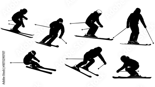 Silhouettes of skiers in various dynamic poses on a white background, depicting winter sports activity.