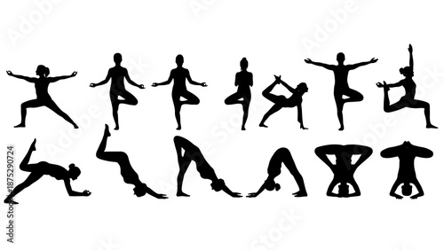 Collection of black silhouettes depicting various yoga poses and exercises performed by individuals, showcasing different stretching and balancing postures.