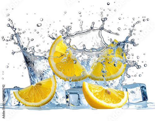 Sliced lemon pieces creating a splash in clear water with ice cubes against a black backdrop