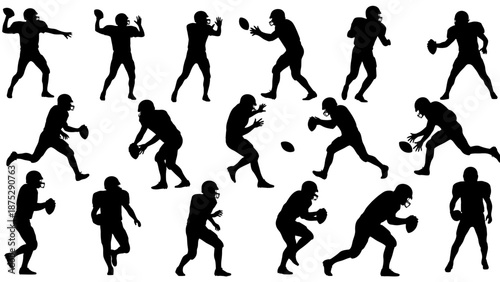 Collection of black silhouettes depicting American football players in various dynamic action poses, including running, throwing, and catching the ball.