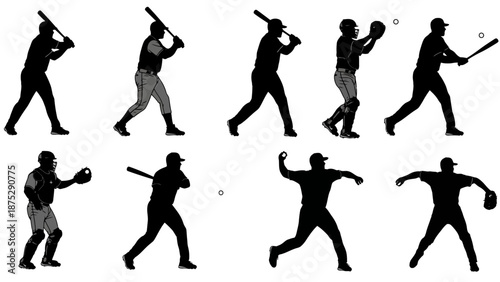 Silhouettes of baseball players in various action poses, including batting, catching, and pitching, against a white background.
