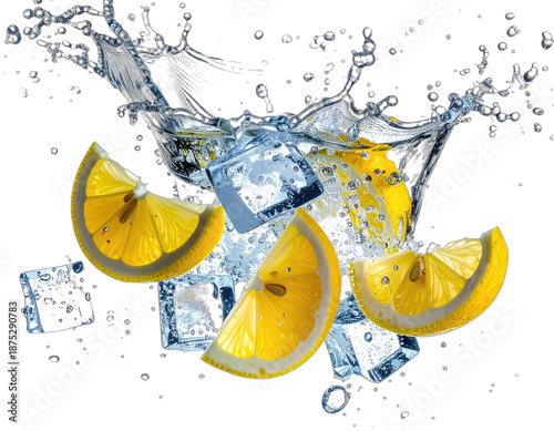 Refreshing composition. Lemon slices and ice cubes in water splash against a dark backdrop
