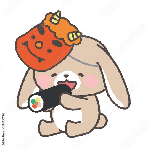 恵方巻を座って食べる　鬼の面をつけたたれみみうさぎ