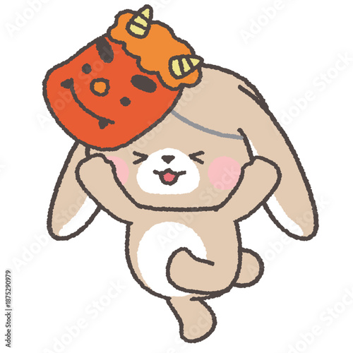 鬼の面をつけて逃げるたれみみうさぎ