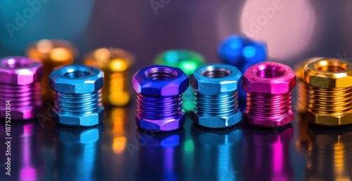 Close-up of vibrant colorful metallic screws and bolts, showcasing industrial fasteners with bright anodized finishes and reflective surfaces arranged in a line.