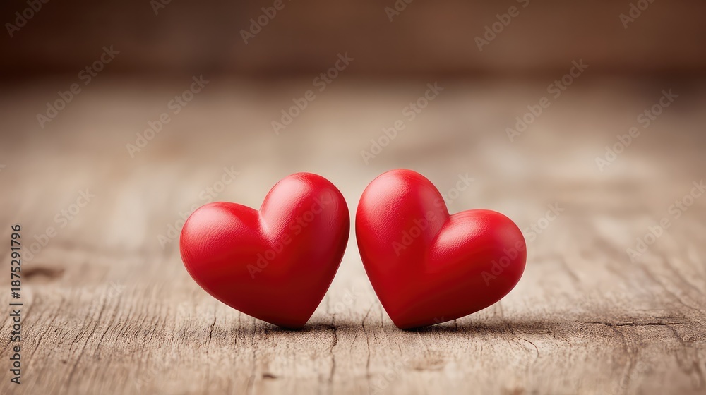 Fototapeta premium Two Red Hearts on Rustic Wood: A sweet and simple Valentine's Day concept featuring two plush red hearts nestled together on a rustic wooden surface, radiating love and affection.