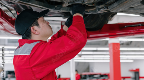 Professional technician inspects car suspension with precision and care, ensuring optimal performance and safety. workshop environment is well lit and organized, reflecting commitment to quality