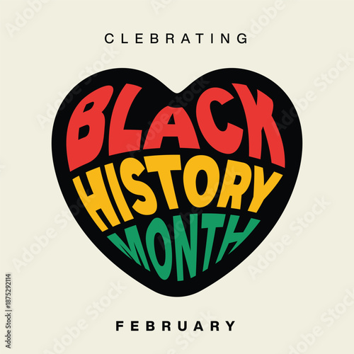 Black History Month text design on a black heart shape vector illustration. Black History Month Poster, card, banner, template design. African American cultural holiday celebration February.