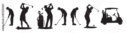 silhouettes of golfers playing golf in various positions 