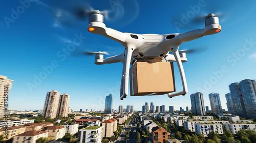 Delivery Drone Flying Over City Carrying Package for Future Logistics - AI Generated