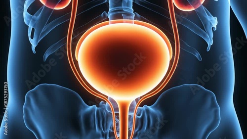 Medical illustration of human urinary system showing kidneys and bladder