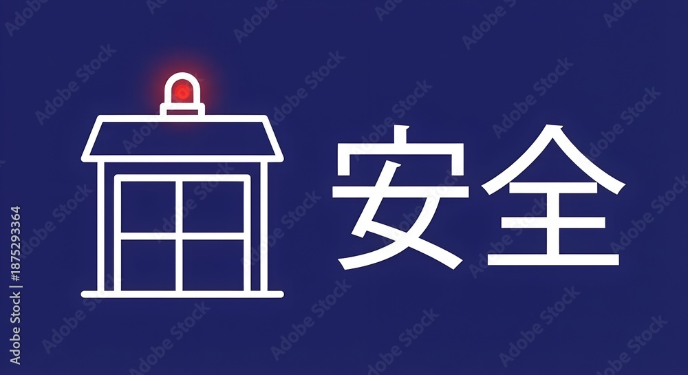 Obraz premium Japanese safety security concept featuring white line art icon of a building with glowing red siren light and kanji characters for anzen on dark blue background for industrial site protection