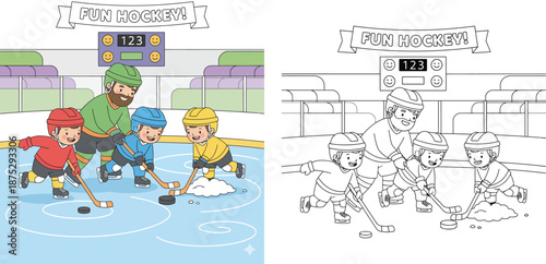 Kids Playing Ice Hockey with Coach Vector Illustration and Coloring Book Page Set, Children's Sports Activity, Father and Son Hockey Training on Ice Rink, Fun Winter Hobby for Kids