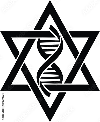 Raelian movement symbol featuring double helix dna strand intertwined with star of david hexagram representing scientific creationism by extraterrestrials concept black icon sign logo.