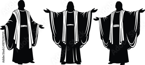 Three robed spiritual figures illustration, symmetrical divine posture silhouettes, religious symbolism with outstretched arms, sacred gesture concept design flat vector