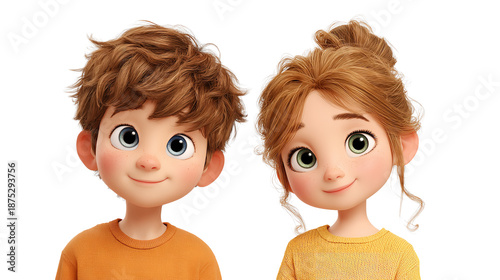 3D animated siblings portrait featuring a boy with blue eyes and a girl with green eyes wearing orange attire.