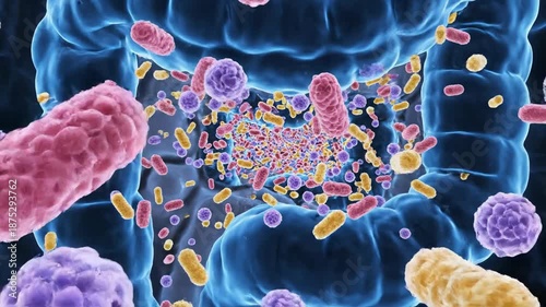 Medical illustration of intestinal microbiome and digestive system