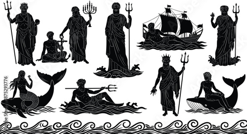 Poseidon Neptune mythological sea figures, trident holding silhouettes, marine god scenes, oceanic deity illustration collection design concept flat vector