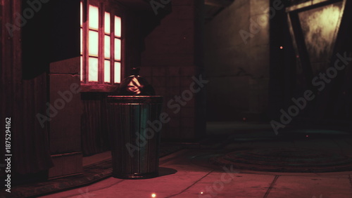 Schilderij op canvas A dimly lit alleyway features a shiny trash can beside a glowing window