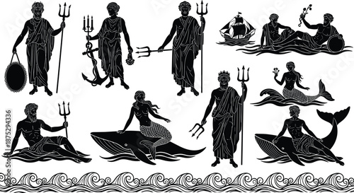 Poseidon Neptune sea mythology illustration, trident holding marine gods, mermaids and ships scene, classical oceanic symbolism design flat vector