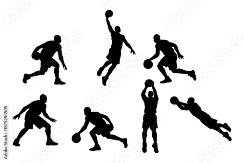 Basketball Players Action Silhouettes Set With Dribbling, Jump Shot And Dunk Poses Vector Illustration.
