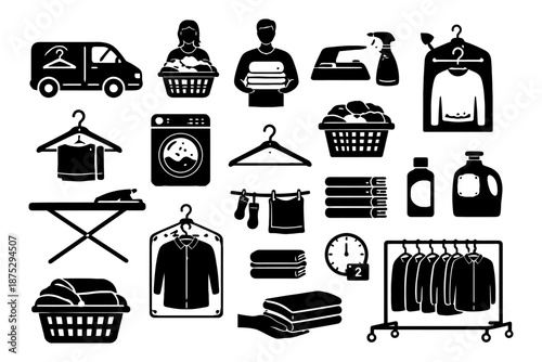 Laundry icons set: washing, ironing, drying symbols collection.