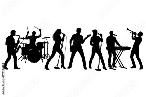 Silhouette of diverse musical band performing on stage with instruments.