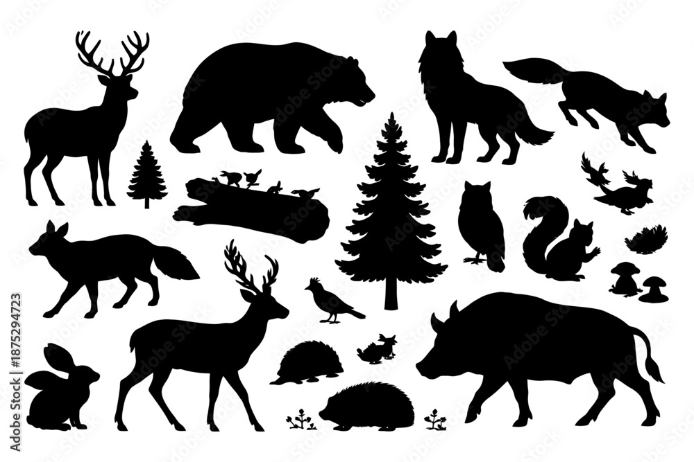 Obraz premium Silhouettes of wildlife creatures in forest setting including deer, bear, wolf, and more animals.