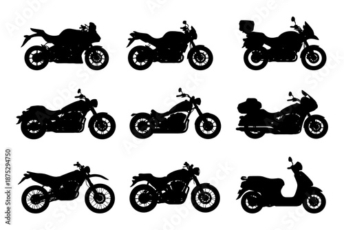 Silhouettes of various motorcycle types in different orientations.