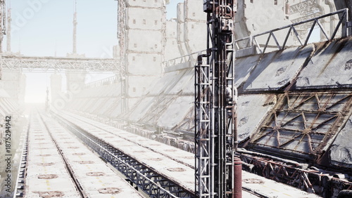 Photos Rusting metal and empty tracks define a desolate industrial site under a bright sky