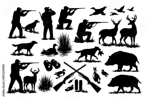 Silhouettes of hunters, dogs, and wildlife in various outdoor scenes.