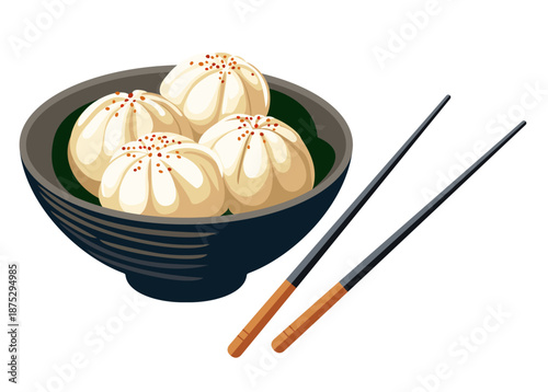 Chinese steamed baozi bun on a plate with chopsticks. Vector illustration