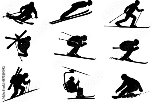 Silhouettes of skiers in various poses and actions on slopes.