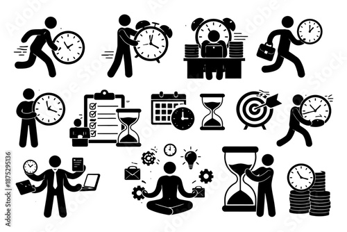 Black silhouette icons illustrating time management and productivity concepts.