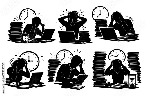 Silhouettes of stressed workers at desks with clocks and paper stacks.