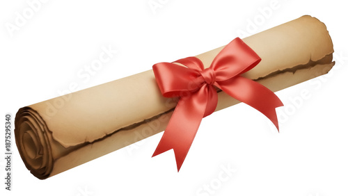 Aged paper scroll with red ribbon isolated PNG, vintage parchment document tied with bow on transparent background for invitations and certificates