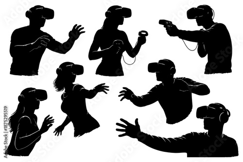 Silhouettes of diverse individuals using virtual reality headsets in various poses.