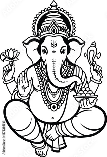 Lord Ganesha seated illustration, Hindu deity with elephant head, spiritual blessing pose, traditional Indian religious art design flat vector