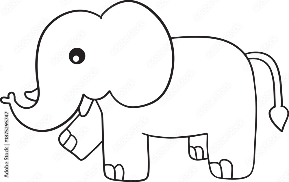 Obraz premium Cute cartoon elephant line art illustration for kids coloring page. Simple black and white elephant drawing with clean outline, perfect for children worksheet, kindergarten activity, education.