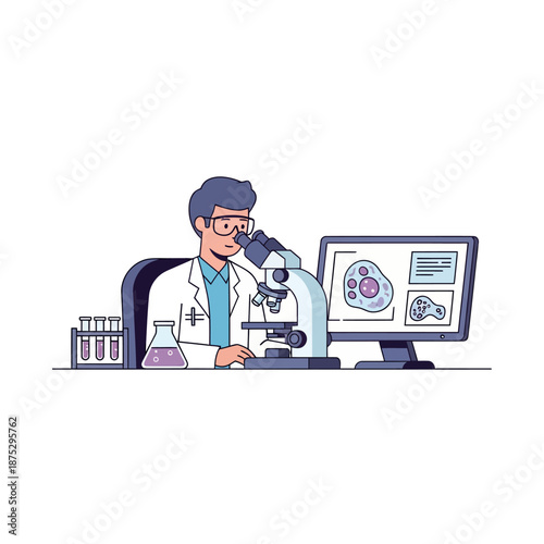 Scientist Researching Microscopic Cells with Microscope and Computer