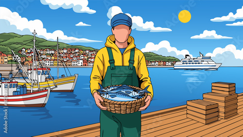 Fisherman holding a basket of fish in a coastal town, vector illustration