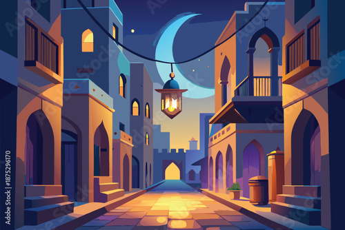 Cinematic illustration of a serene Middle Eastern alley at night, lanterns casting golden light on cobblestone streets beneath a crescent moon, with arches, balconies, and distant gatehouses.