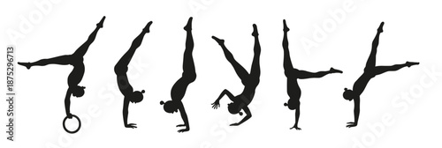  silhouette of female gymnasts performing handstands with