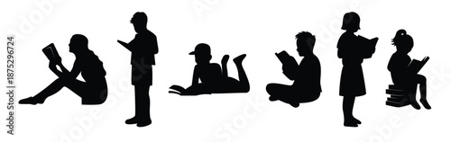  silhouette collection of boys and girls reading books in