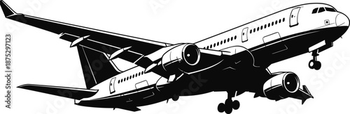 Commercial airplane flying with landing gear extended, passenger jet in air travel scene, aviation transport illustration, black and white flat vector